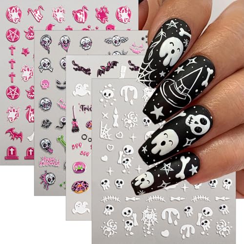 Halloween 5D Nail Art Stickers Set - Pink Embossed Self-Adhesive Decals with Skull Ghost Pumpkin for DIY Manicure 5D Halloween Variation