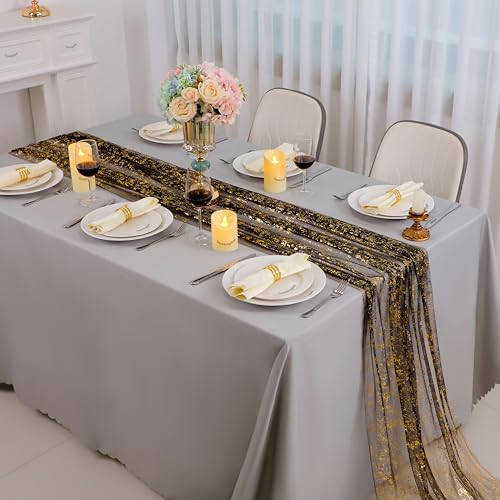 Black and Gold Cheesecloth Table Runner Set - 10FT 6 Pcs Sparkle Mesh for Party & Wedding