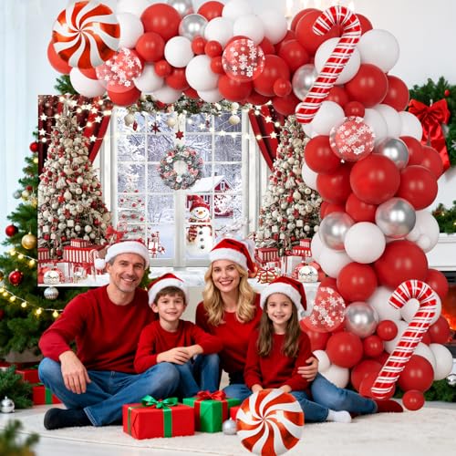 Red Christmas Balloon Arch Kit with Snow & Candy Cane Balloons & Backdrop