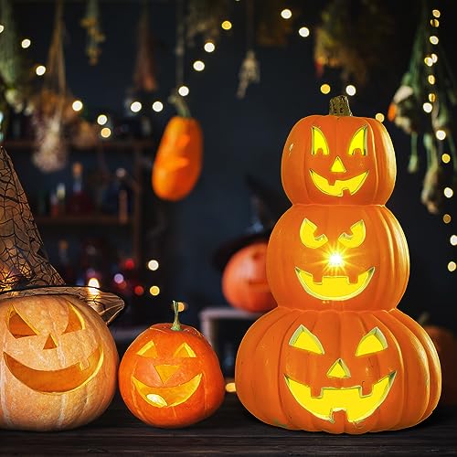 Halloween Pumpkin Decor 3-Tier 14-Inch Jack O Lantern with LED Lights - Orange