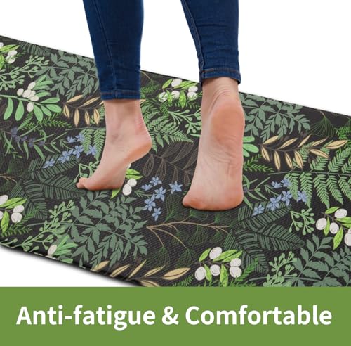 Petmolico 2Pcs Anti-Fatigue Kitchen Mats - Black & Green Plant Leaf Design, Non-Slip Cushioned Support