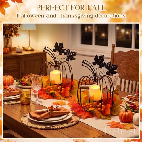 11.5-Inch Black Fall Pumpkin Lanterns with Flickering LED Candles - Set of 2