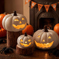 3-Piece Halloween Ceramic Jack O' Lantern Pumpkin Set - White, 3/5/6 Inches, LED Lights