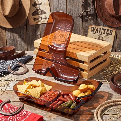 Cowboy Boot Serving Trays - 2 Pack Western Party Food Platters Brown Plastic