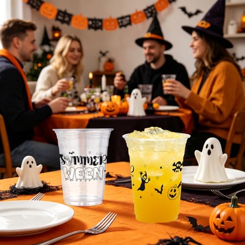 Summer Halloween Ghost Plastic Cups - 50 Pack, 16 oz, Disposable Party Drinkware