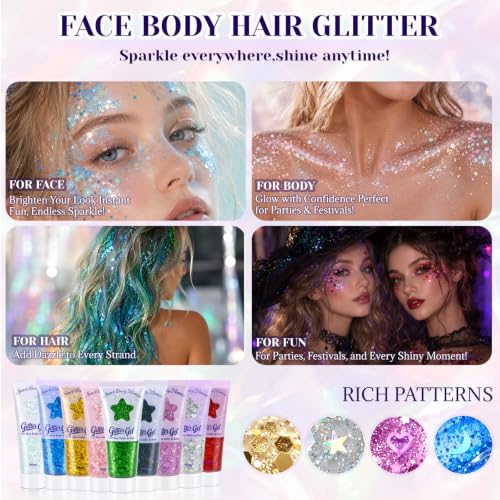 Black Body Glitter Gel for Face & Hair - Chunky Sparkly Makeup, Multi-Use