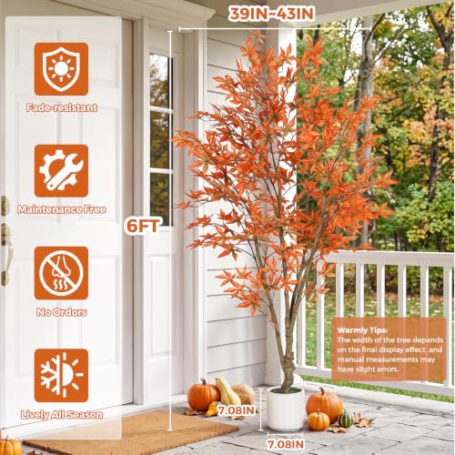 6FT Artificial Maple Tree with Pot - Fall Orange Leaves Indoor Outdoor