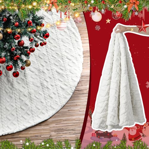 72 Inch Faux Fur Christmas Tree Skirt with Cross Diamond Pattern - White Holiday Decor