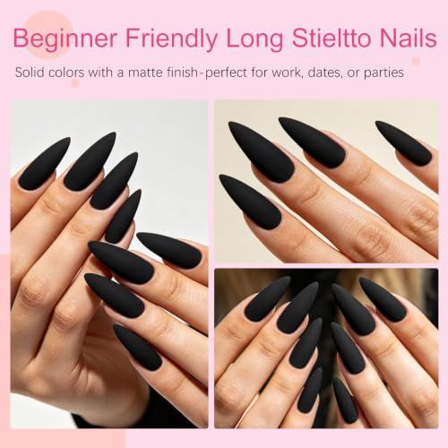 Black Stiletto Press On Nails Long Fake Nails - 144pcs with Glue & Tabs - AddFavor