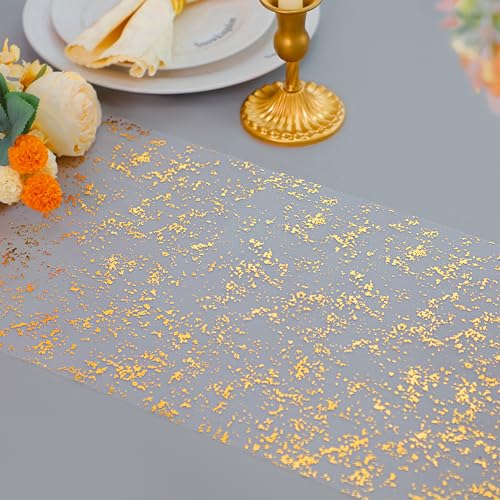 Gold Table Runner Roll 9FTx2 Sheer Gauze Chiffon Tulle Fabric Sequin Glitter