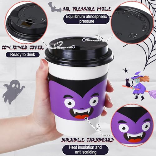 Halloween Coffee Cups with Lids & Sleeves - 50 Pack, Classic Pattern, 12 oz, Halloween Theme