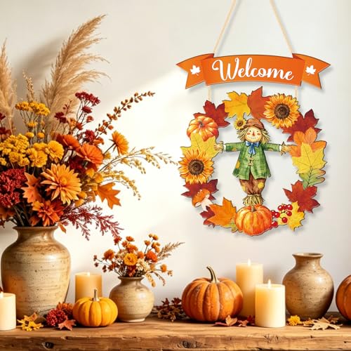 Wooden Fall Welcome Door Hanging Wreath Decor - Scarecrow Design