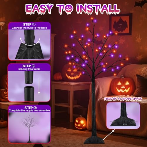 Set of 3 Black Halloween Tree with Orange and Purple LED Lights - 4ft, 5ft, 6ft, Indoor Outdoor Decor with Timer