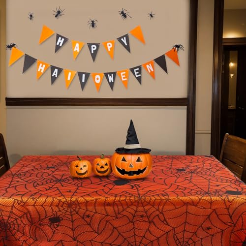 Halloween Spider Web Lace Tablecloth - Black & Orange Rectangular Cover 54x72 Inches