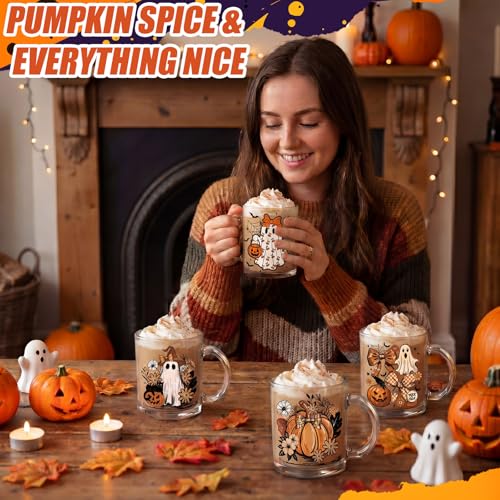 Halloween Ghost & Pumpkin Coffee Mug Set - 4 Pieces, 12 oz, Glass Cups, Fall Decor