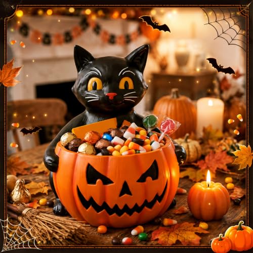 Halloween Black Cat Candy Bowl with Pumpkin Resin Decor - 5.5 Inch