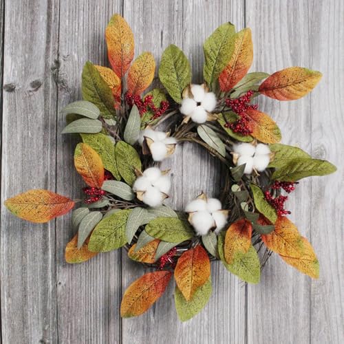 Artificial Fall Leaves Wreath with Cotton Pods and Berries - 12-Inch Autumn Decor, Variation of Cotton Pod Pip Berries/Fall Leaves/12"