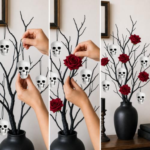 Gothic Halloween Tree Decorations 24Pcs Skull & Rose Hanging Ornaments