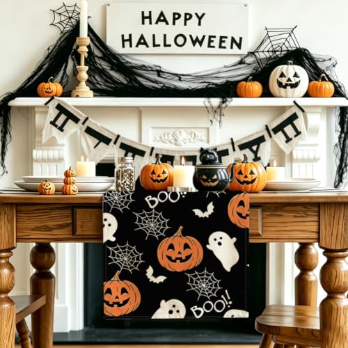 Black Halloween Table Runner Boo Ghost Pumpkin 13x60 Inches - Spooky Kitchen Decor