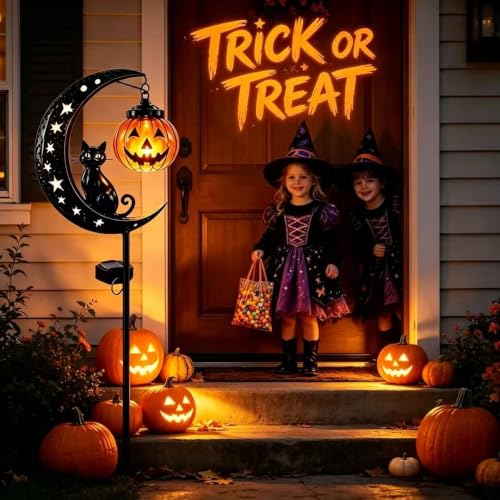 Solar Black Cat Pumpkin Moon Garden Stake Light Set - Outdoor Halloween Decor - Variation A