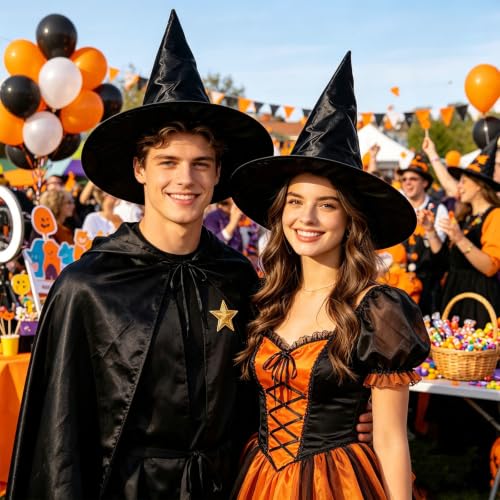 2-Pack Kids and Adults Witch Hats for Halloween Party Decorations with Hanging Rope