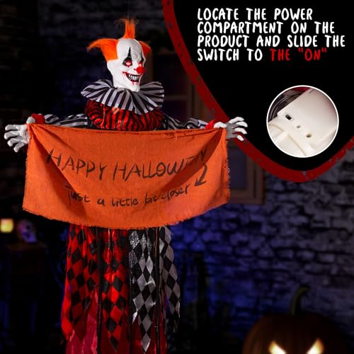 Halloween Hanging Clown Animatronic - 5ft Spooky Floating Prop with Banner, Sound & Light Activation