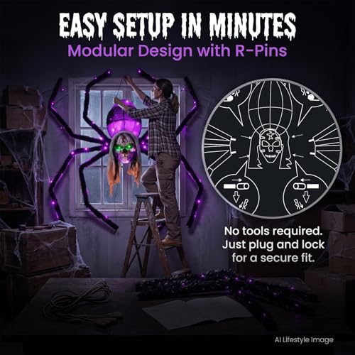 52-Inch Wall-Mounted Halloween Giant Skull Face Spider with Flashing Red & Green Eyes - Outdoor Decoration