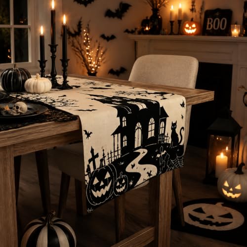 Halloween Haunted House Gothic Table Runner - Witch Ghost Bat Fall Decor - Variation of Halloween Haunted House