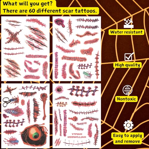 Halloween Scar Fake Wound Temporary Tattoos - Realistic Horror Effect, 60PCS, Variation: Scar