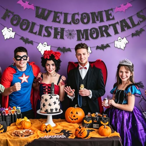 Halloween Party Banner - Welcome Foolish Mortals Variation Banner with Ghosts & Bats