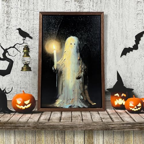 Halloween Wall Art Ghost Holding Candle Wooden Decor - Spooky Wall Hanging