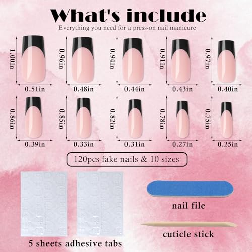 AddFavor Medium Square Black French Tip Press-On Nails 120pcs with Adhesive Tabs