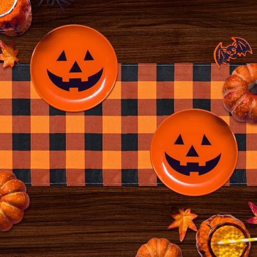 Halloween Checkered Table Runner - Black and Orange Burlap 13x72 Inches for Parties