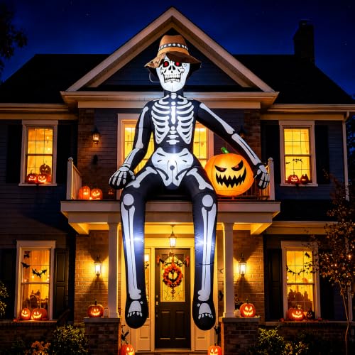 10FT Sitting Skeleton Halloween Inflatable with LED Lights - Outdoor Decor, Ghostly Skeleton with Pumpkin, Variation: Sitting Skeleton