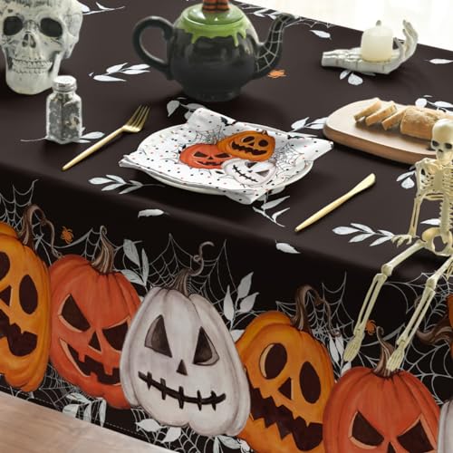 Halloween Tablecloth 90x90 Inch Round Black Orange Pumpkin - Durable Polyester