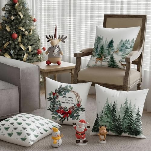 Christmas Pillow Covers Set of 4 - Festive Holiday Decorative Cushion Cases 18x18 Inch