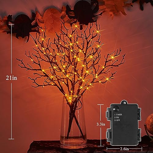 Lighted Halloween Tree Branches with Timer - 21 Inch Black Twig with Orange Fairy Lights