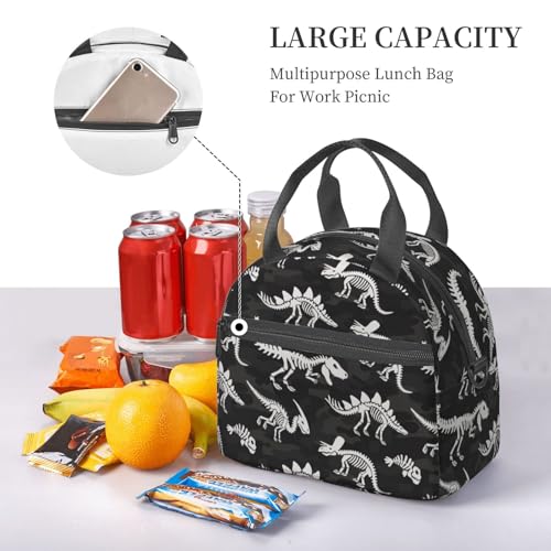 Camouflage Dinosaur Skeleton Insulated Lunch Bag with Adjustable Strap - Black4