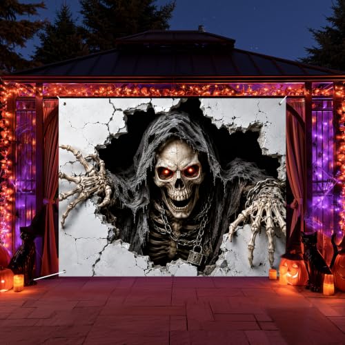 Skeleton Wall Banner Halloween Decor Breakout Banner 71x43 Inch - Hooded Skull Scene
