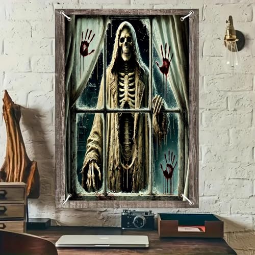 Halloween Reaper Skeleton Window Cover - 31x47 Inch Door & Window Decor
