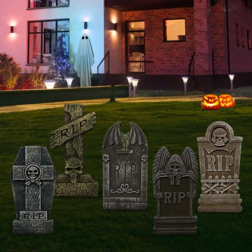 Gray Halloween Foam Graveyard Tombstones 5 Pack with Metal Stakes - Scary Yard Decor