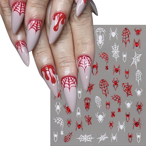 Spider Web Halloween Nail Stickers - Self-Adhesive 3D Nail Art Decals for Women & Girls - Black White Red Variation