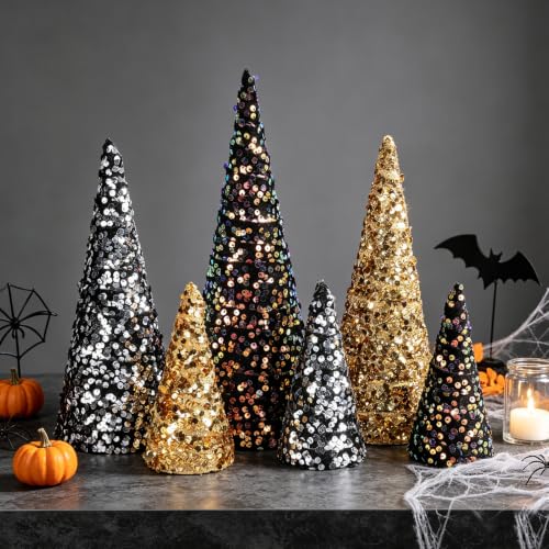 Black Gold Christmas Sequin Cone Tree Decorations Set - Tiered Holiday Tabletop Trees