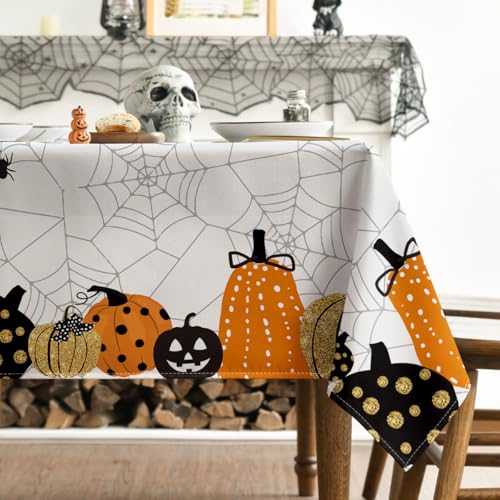 Halloween Tablecloth 52x70 Inch Rectangular Jack-O-Lantern White Decor