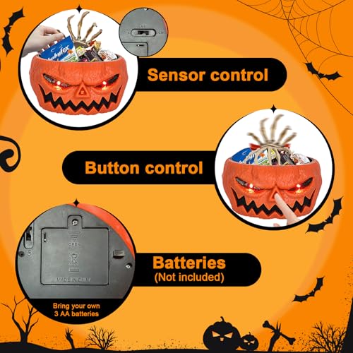 Halloween Pumpkin Candy Bowl with Skeleton Hand Motion-Activated Jump Scare