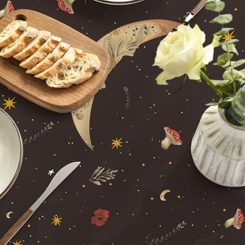 70x70 Inch Round Tablecloth - Black Butterfly Stars Moon Design - Durable Polyester