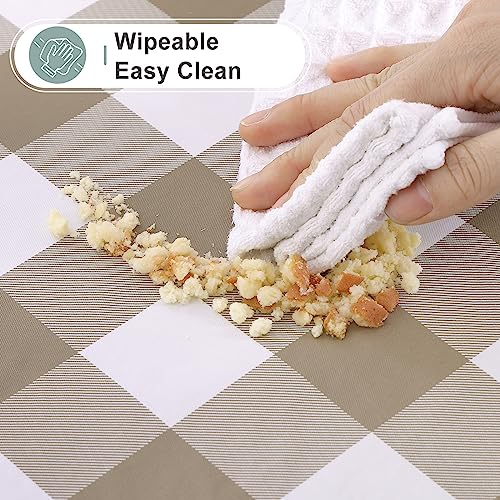 Waterproof Vinyl Rectangular Tablecloth - Flannel Backed, 120x60 Inches, Khaki & White