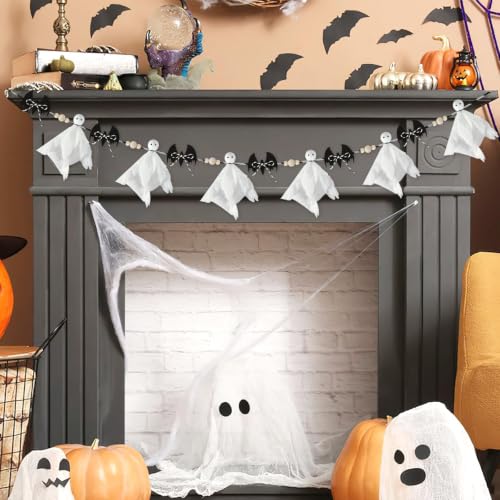7 Ft Halloween Ghost Bat Garland with Wooden Beads, Rustic Indoor Outdoor Decor