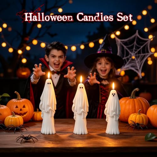 Halloween Ghost Candle Set - White, 3 PCS, Spooky Mantel Decor