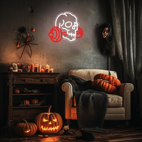 Skull Barbell Neon Sign for Gym Wall Decor Halloween Light - Red & White
